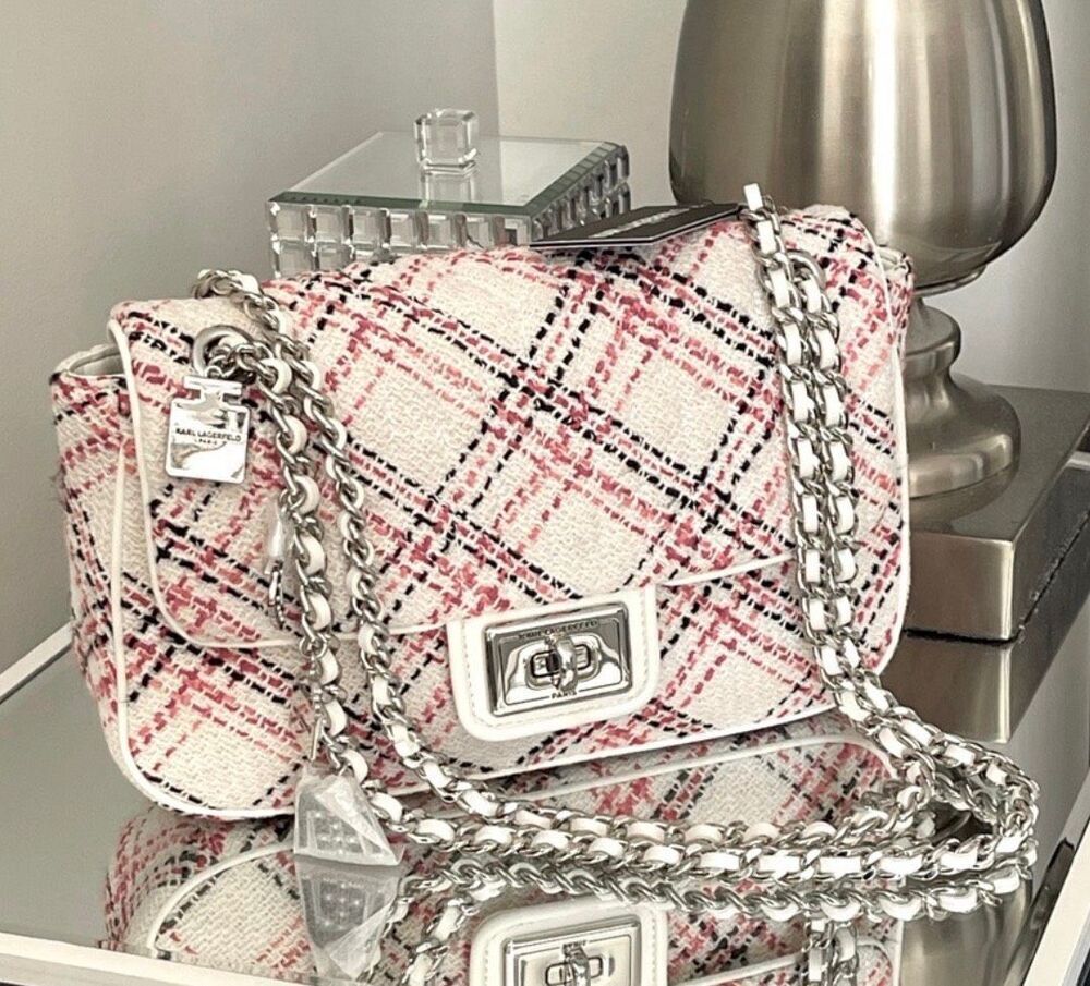 NWT Karl lagerfield pink tweed plaid charm shoulder bag totebag luxury vibe